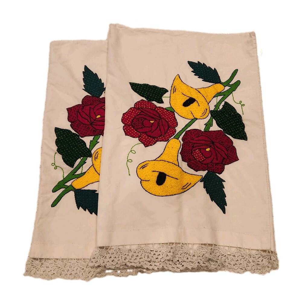 Vintage 60s 50s Hand Embroidered Pillow Cases Red Yellow Rose Lily Flowers Set 2